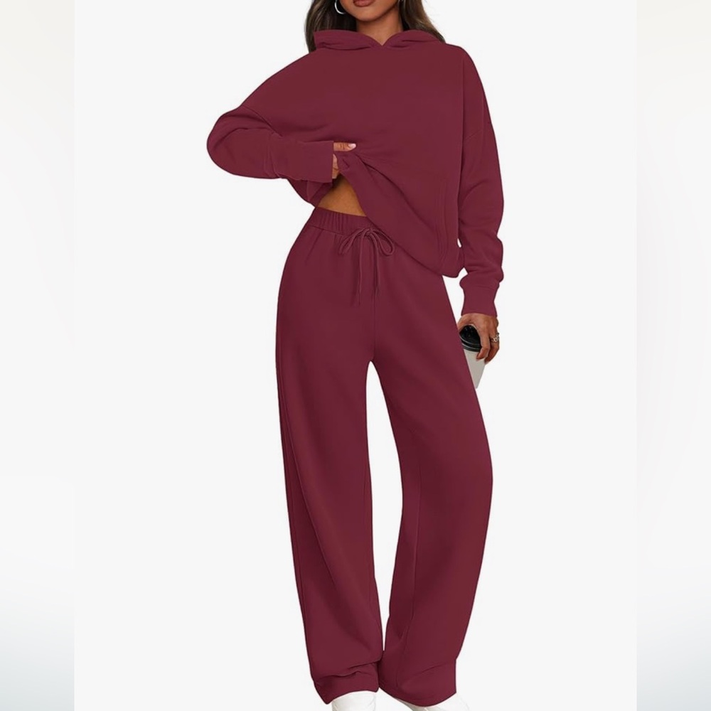Wide Leg Drawstring sweatsuit jogger set in Burgundy M